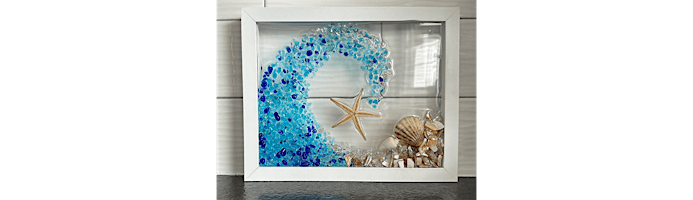 Beach Wave Crushed Glass Shells & Sand  Resin in Frame  Art Sip Class | Nauti Vine Winery
