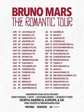 Bruno Mars The Romantic Tour In Atlanta 2026 | Bobby Dodd Stadium