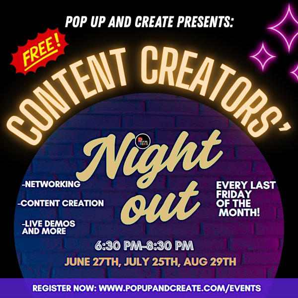 Content Creators Night Out at Pop Up And Create | Pop UP And Create Coworking and Event Space