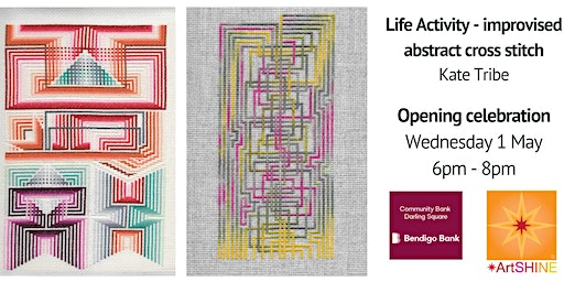 Life Activity - improvised abstract cross stitch. A solo show by Kate Tribe | Bendigo Bank - Darling Square Community Bank Branch