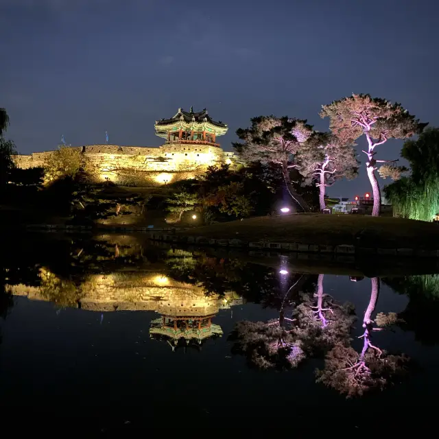 Suwon fortress lake night view in fall