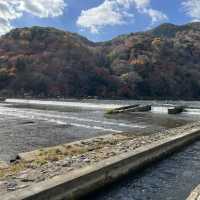 日本京都知名景點｜渡月橋，好多人坐在這裡吹風喝咖啡，還可以划船