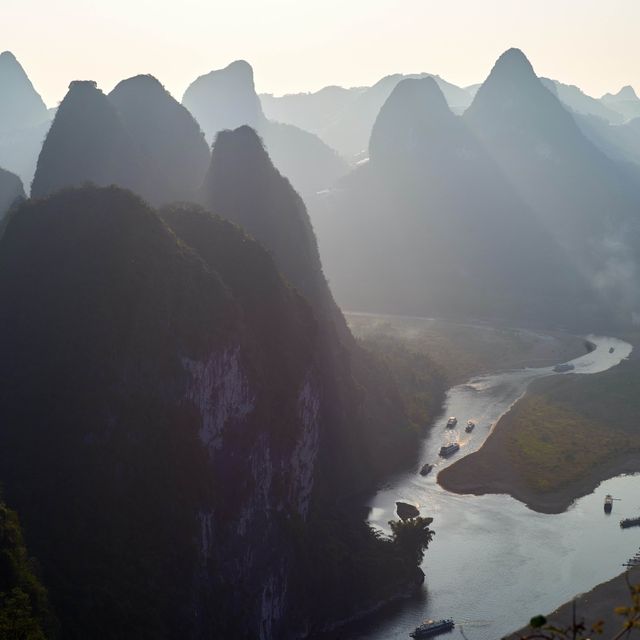 Flowing rivers, mountains, and paddy fields of Guilin