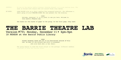 Barrie Theatre Lab #70 - IN-PERSON! | Barrie Public Library-Angus Ross Room