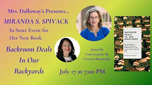 Miranda Spivack's BACKROOM DEALS IN OUR BACKYARDS In Store Event & Signing | Mrs Dalloway's