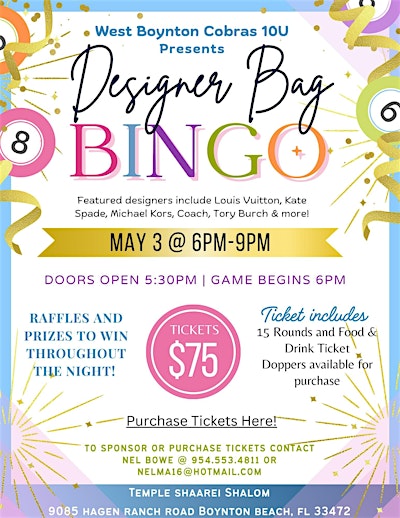 West Boynton Cobras 10U Designer Bag Bingo | Temple Shaarei Shalom