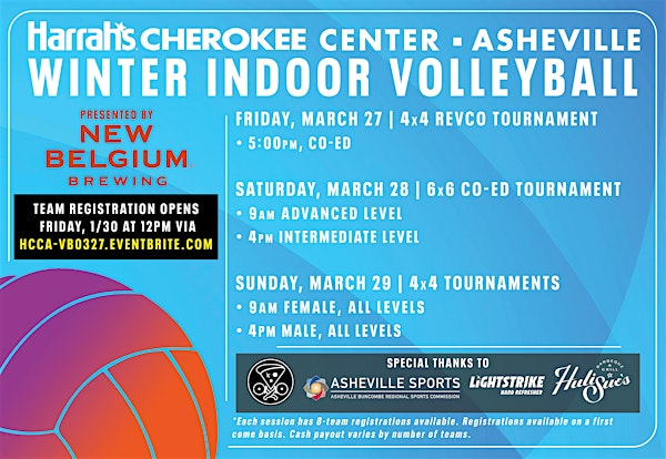 HCCA Indoor Volleyball  Tournament Weekend | March 27-29, 2026 | Harrah's Cherokee Center - Asheville