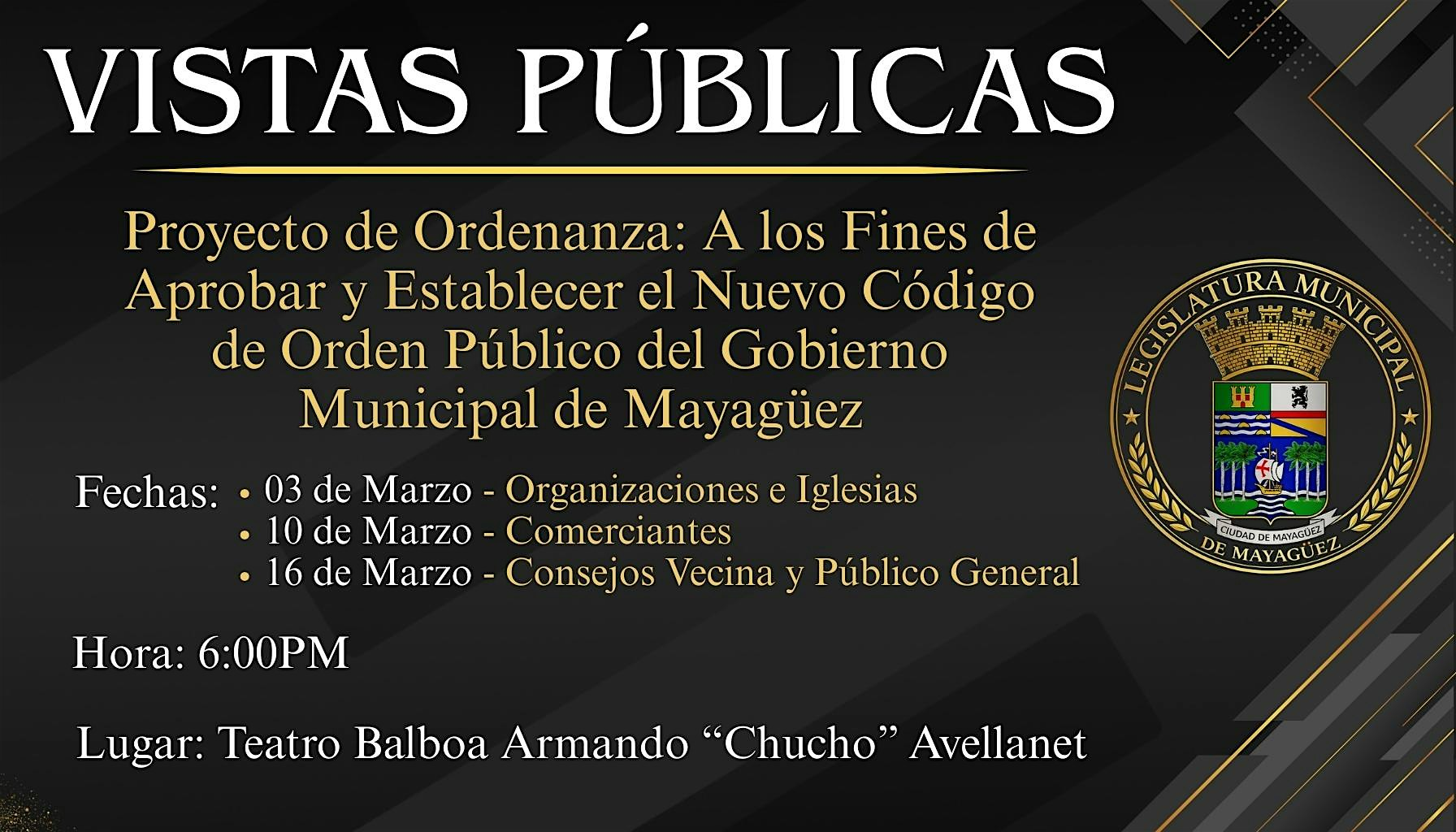 Vistas Públicas del Nuevo Código de Orden Público | Teatro Balboa Armando "Chucho" Avellanet