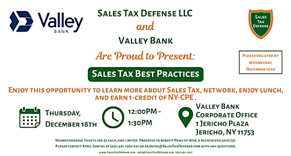 Sales Tax Best Practices with Sales Tax Defense LLC & Valley Bank | 1 Jericho Plaza