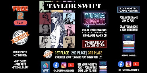 TAYLOR SWIFT Theme Trivia | Old Chicago - Highlands Ranch CO - 12/28 at 7p | Old Chicago Pizza + Taproom