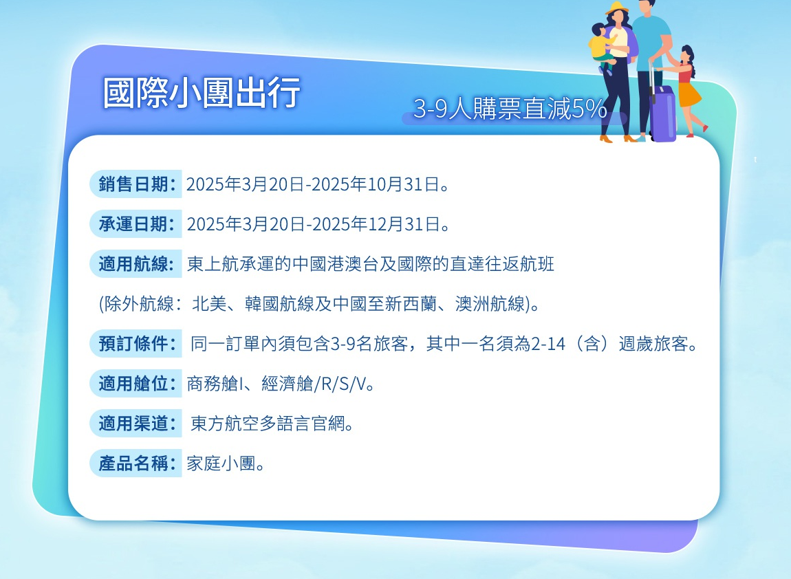 【中國東方航空】國際小團出發 3-9人購票直減5% | 香港