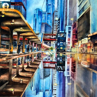招福香港建物水彩画 美術品・アンティーク・コレクション