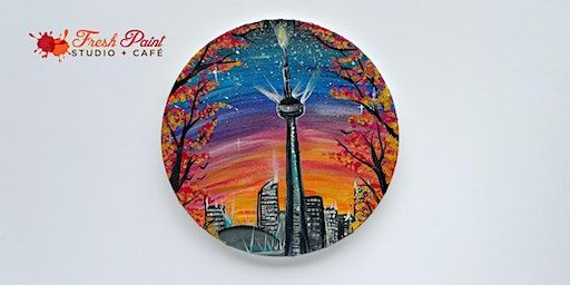 In-Studio Paint Night – Starlit City CN Tower Sunset Round Canvas | Fresh Paint Studio + Cafe Toronto