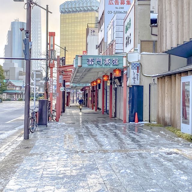 雪の翌朝の雷門通り周辺