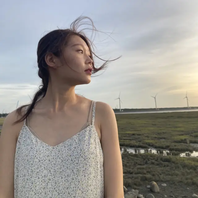 台中高美濕地 風力發電組伴隨著夕陽餘暉