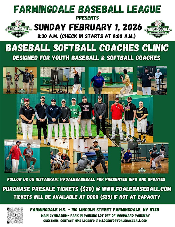 2026 Farmingdale Baseball League Youth Baseball/Softball Coaches Clinic | Farmingdale High School, Lincoln Street, Farmingdale, NY, USA