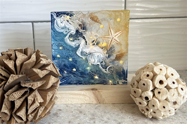 Beach Wave & Shells Resin Cube lights on  Wooden Base Paint & Sip Art Akron | Nauti Vine Winery