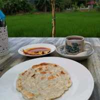 breakfast with green paddy field view