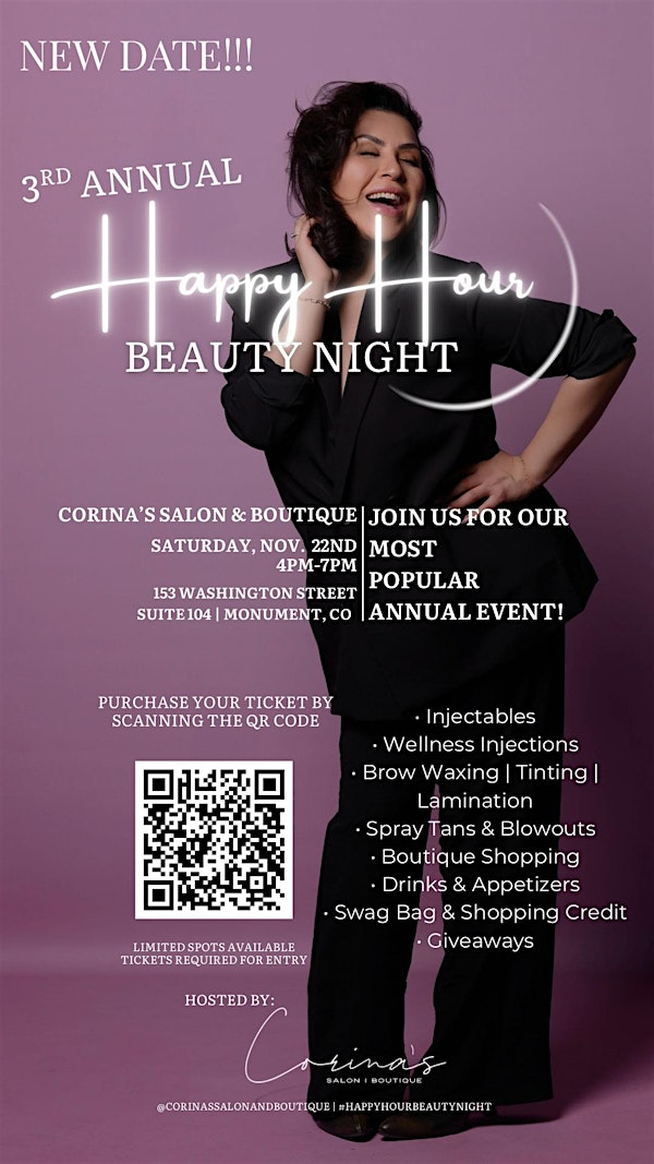 NEW DATE! 3rd Annual Happy Hour Beauty Night at Corina’s! | Corina’s Salon & Boutique, Washington Street, Monument, CO, USA