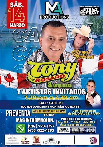 TONY ROSADO Y ORQUESTA  /SILVERIO URBINA  TOUR CANADÁ 2026 | 800 Rue du Rosaire