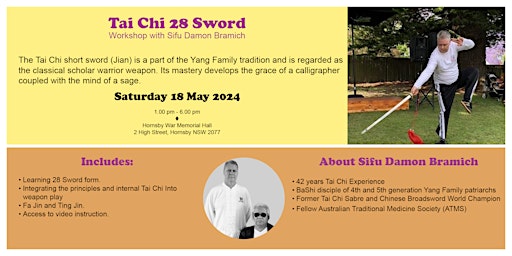 Tai Chi 28 Sword: Workshop with Sifu Damon Bramich | Hornsby War Memorial Hall