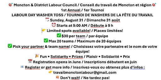Moncton & District Labour Council 1st Annual Washer Toss Tournament | Centennial Park