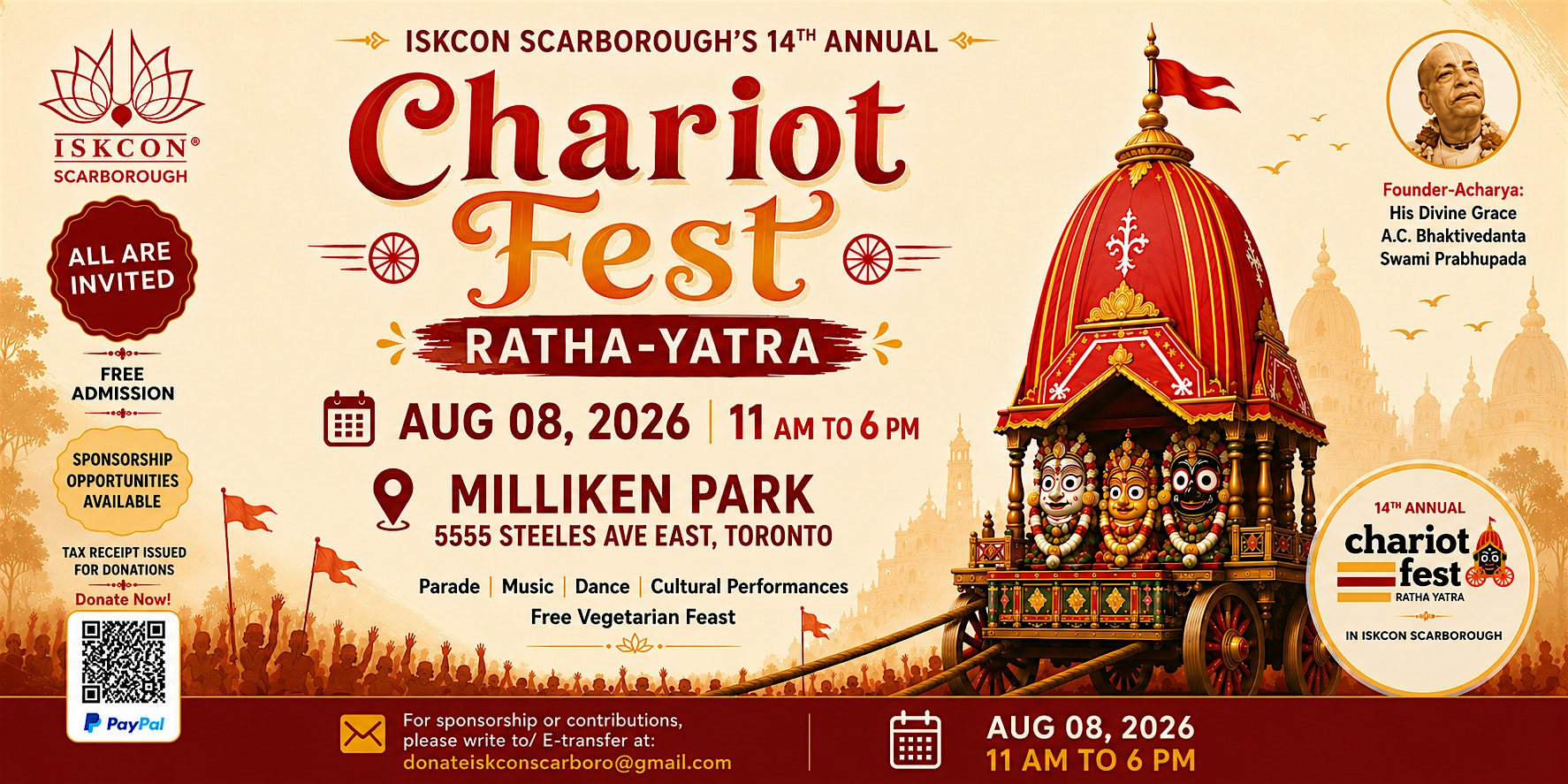 ISKCON Scarborough's✨14th Chariot Fest ️✅ Aug 08th Sat @Milliken Park | 5555 Steeles Ave E