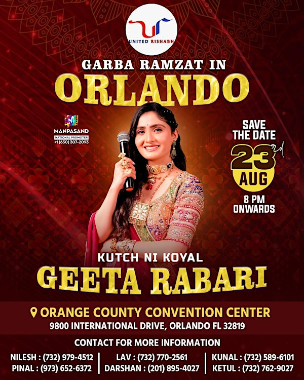 Geeta Rabari Garba In Orlando 2025 | August 23, Saturday | Orange County Convention Center
