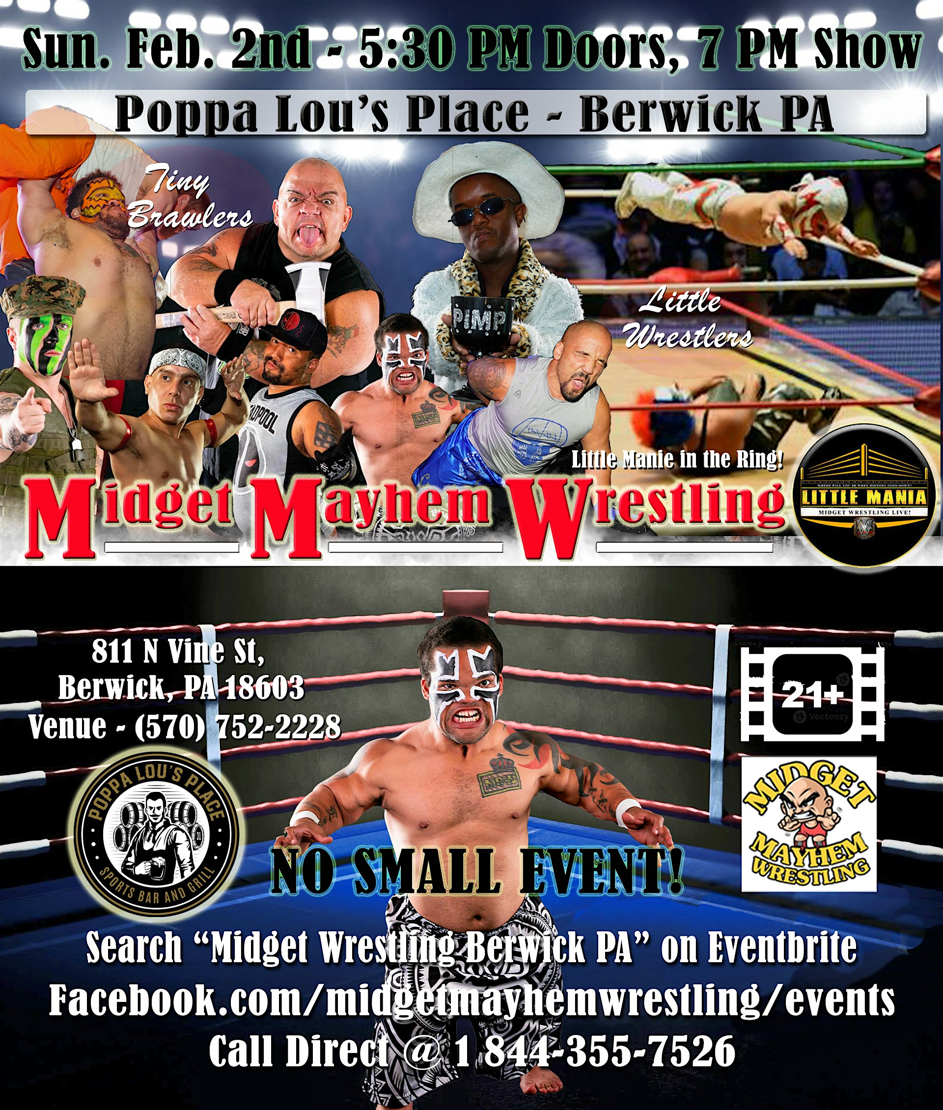 Midget Mayhem Mania Wrestling Rips Through the Ring! Berwick PA 21+ | Poppa Lou’s Place