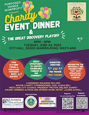 Purposed Hands Charity Event Dinner & The Great Discovery Playoff | Westland City Hall