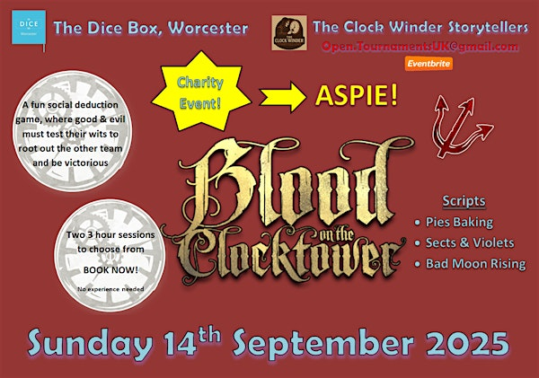 Blood on the Clocktower - Charity Event - ASPIE! - Worcester | The Dice Box