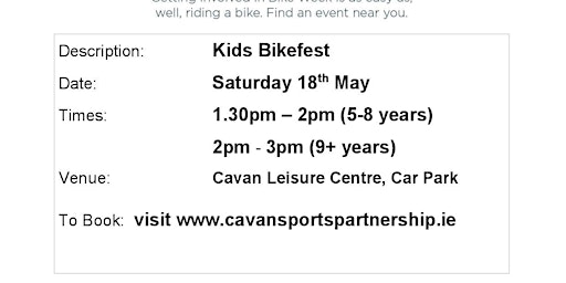 Kids Bikefest Cootehill(2pm-3pm) for children aged 9+years | Holy Family School