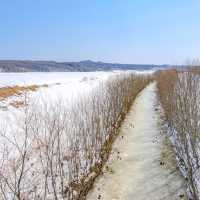 雪の中のトンネルと凍りついた川