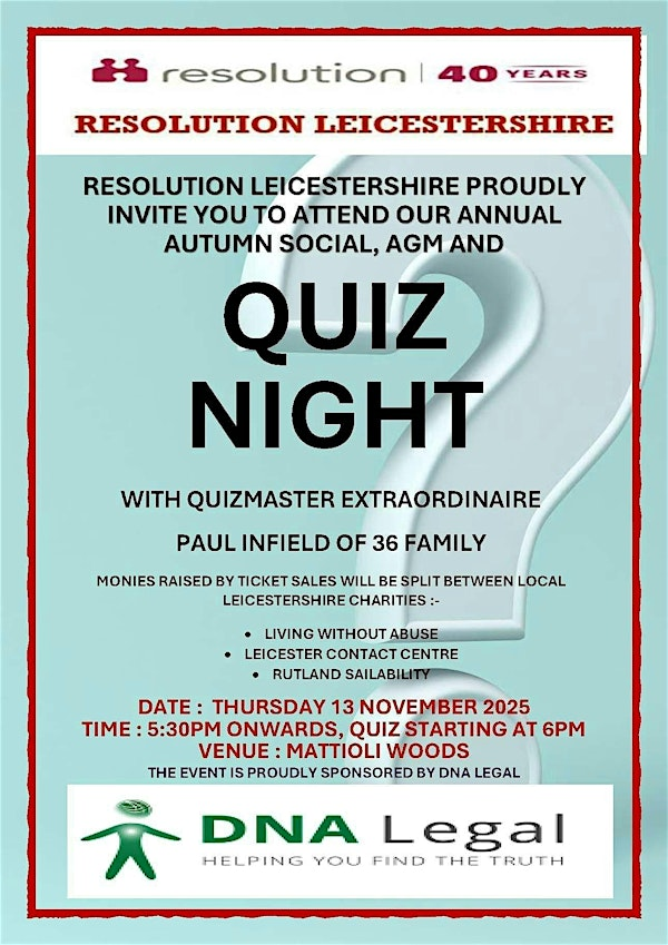 Resolution Leicestershire Annual Autumn Social, AGM and QUIZ NIGHT! | Mattioli Woods