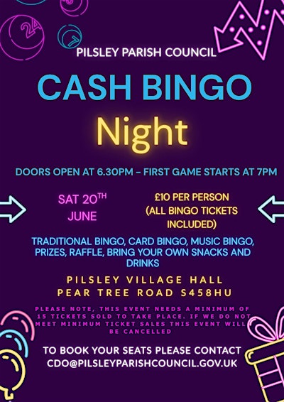 Pilsley Parish Council cash bingo | Pilsley Village Hall