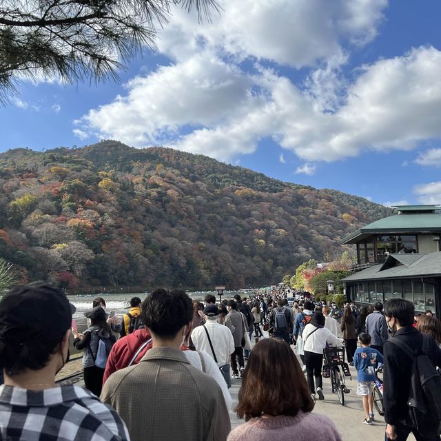 日本京都知名景點｜渡月橋，好多人坐在這裡吹風喝咖啡，還可以划船
