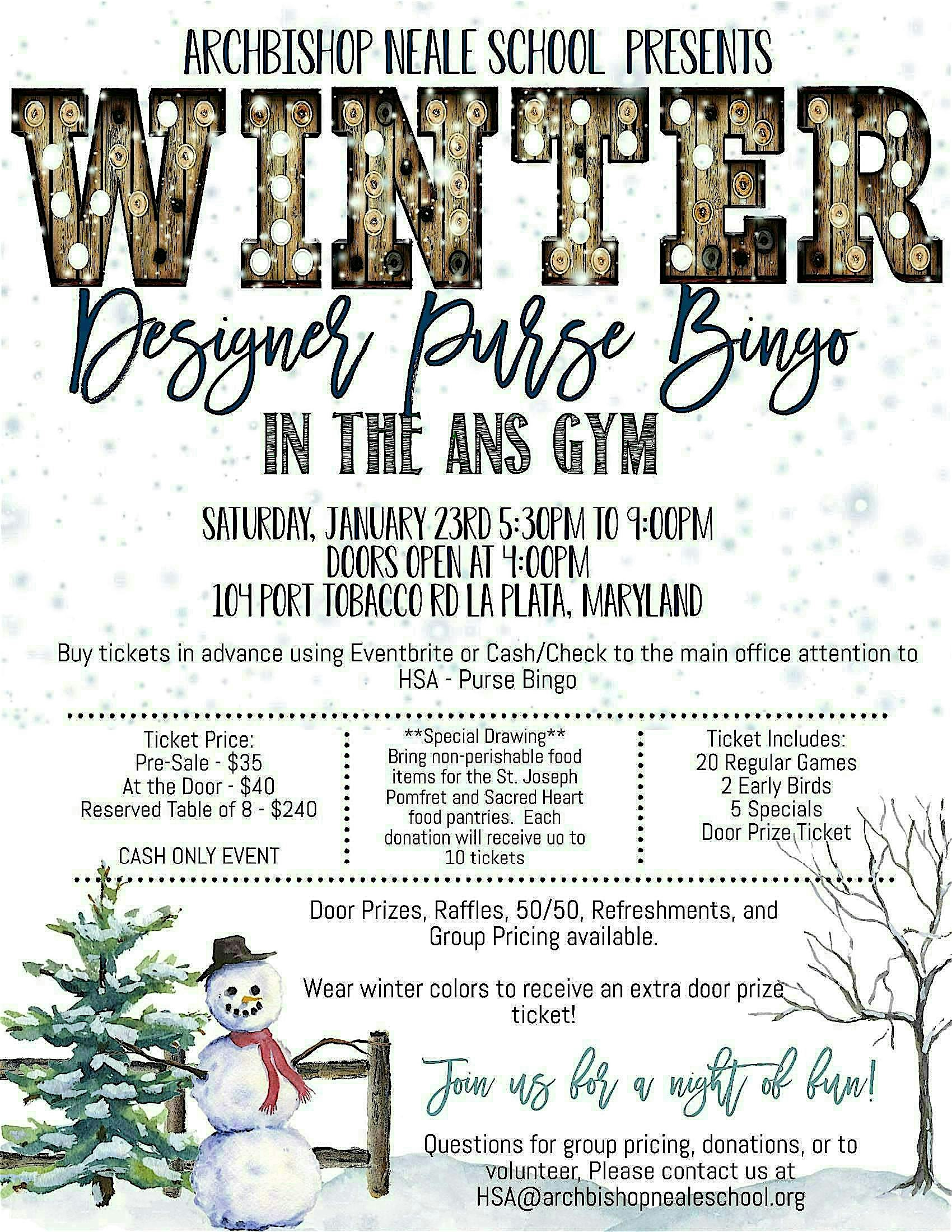 Archbishop Neale School Designer Purse Bingo | 104 Port Tobacco Rd