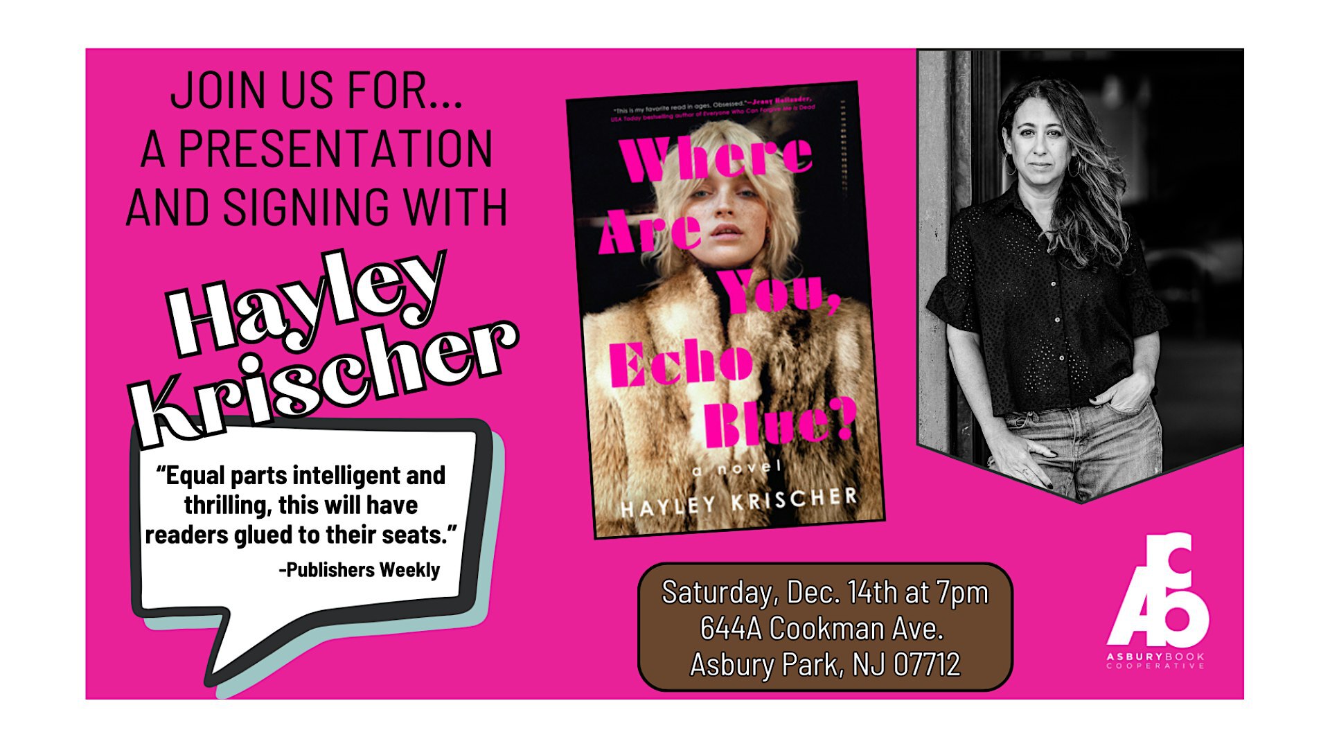 Presentation and Signing: Where Are You, Echo Blue? by Hayley Krischer | Asbury Book Cooperative