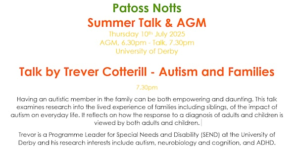 Patoss Notts live event - Trevor Cotterill - Autism and Families | University of Derby