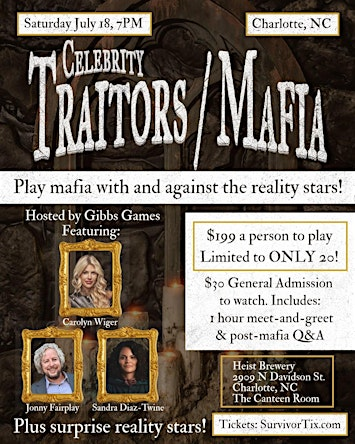 Celebrity Traitors / Mafia - Carolyn Sandra & Fairplay - Charlotte NC | Heist Brewery