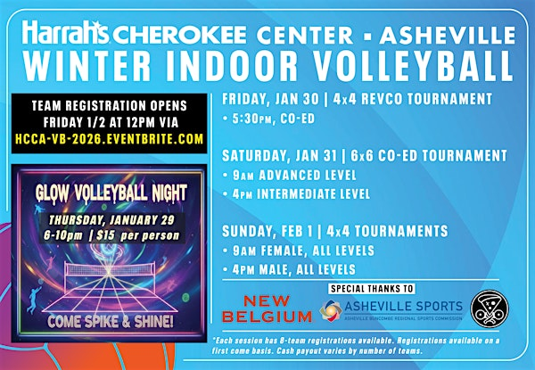 HCCA Indoor Volleyball  Tournament Weekend | Jan 29 - Feb 1 | Harrah's Cherokee Center - Asheville