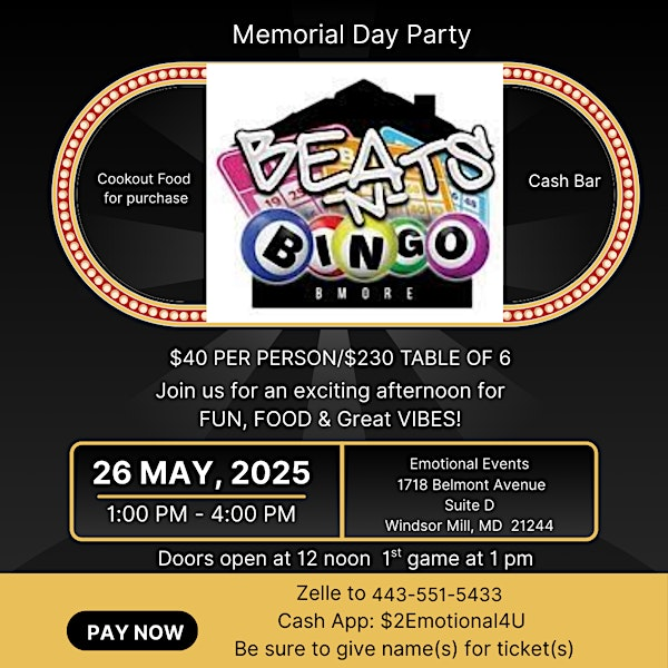 Memorial Day Party Beats and Bingo | 1718 Belmont Ave suite d