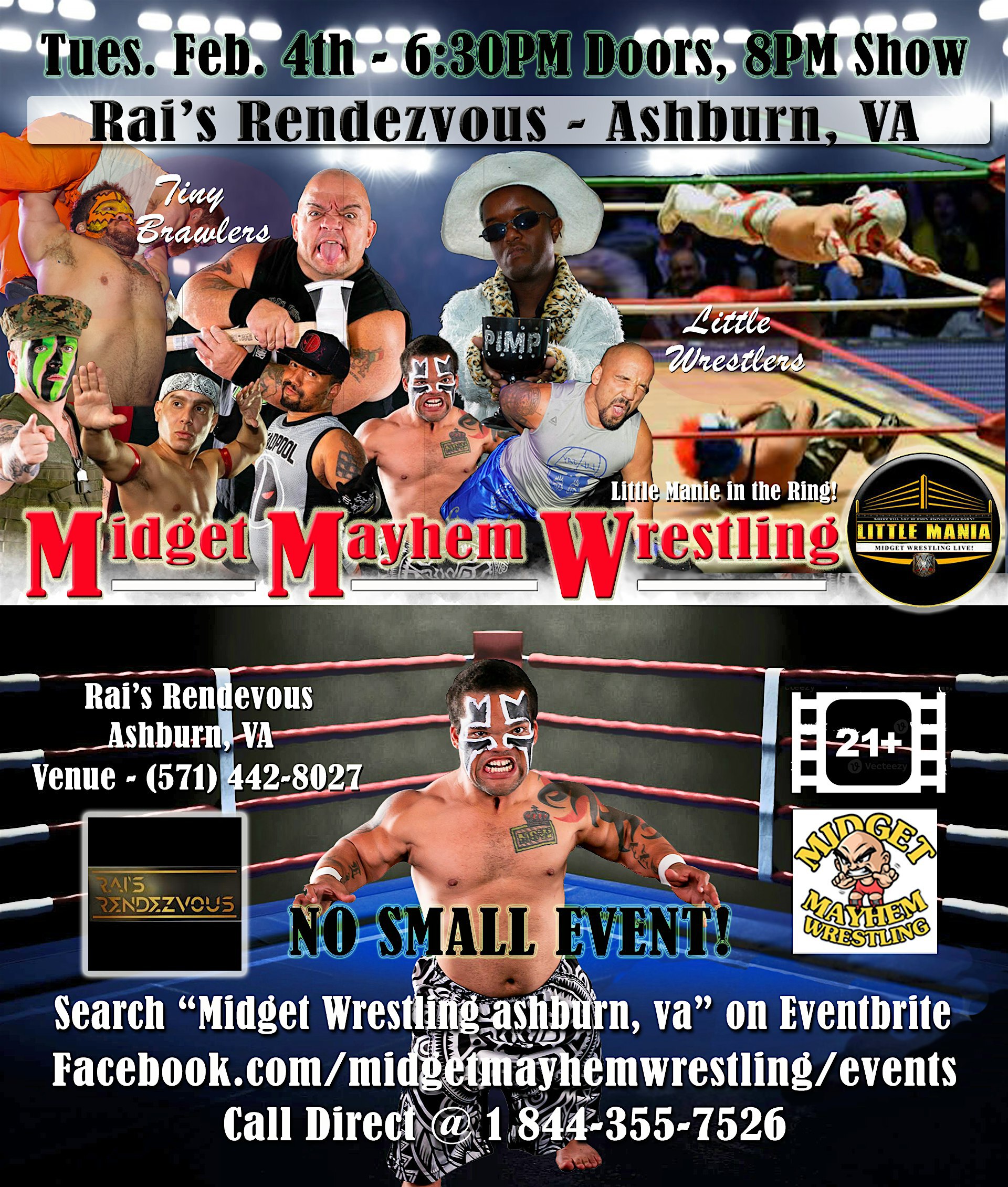 Midget Mayhem Wrestling Rips Through the Ring - Ashburn, VA 21+ Feb 4 & 5 | Rai's Rendezvous Kitchen + Bar