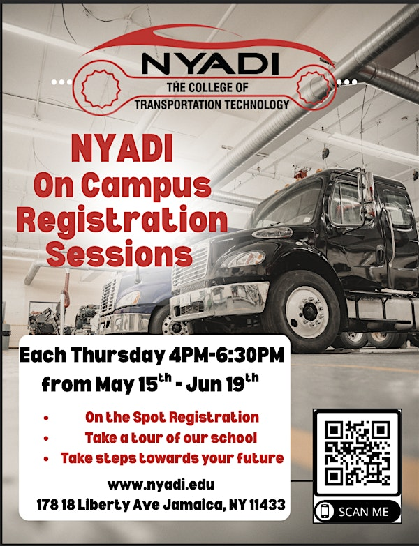 NYADI On Campus Registration, May 15 thru June 19, 5:30pm-6:30pm | NYADI The College of Transportation Technology