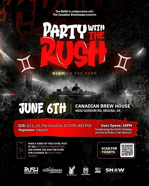 PARTY WITH THE RUSH: GLOW IN THE DARK | The Canadian Brewhouse (Regina Grasslands)