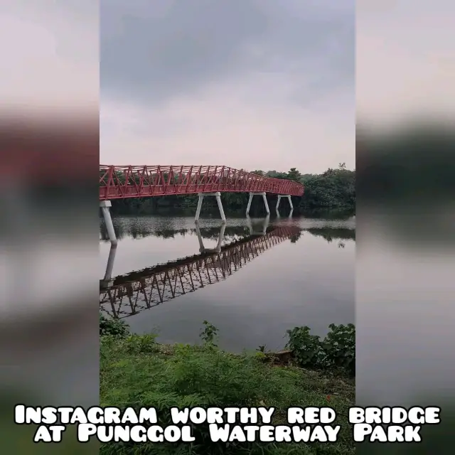 Red Bridge connecting a park and a wetland