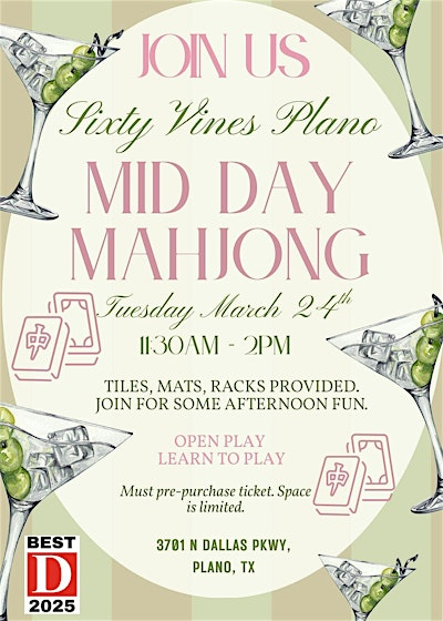 Mid-Day Mahjong @ Sixty Vines Plano Mar. 24th | Sixty Vines
