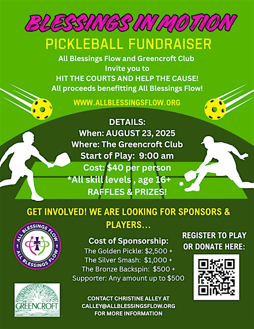 BLESSINGS IN MOTION: Pickleball Tournament and Fund Raiser | Greencroft Club
