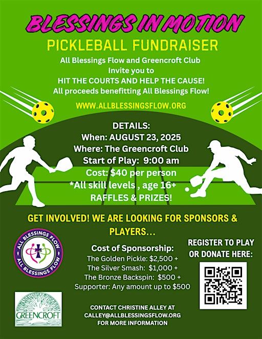 BLESSINGS IN MOTION: Pickleball Tournament and Fund Raiser | Greencroft Club