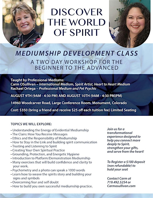 Discover the World of Mediumship, 2 day development class in person | 14960 Woodcarver Rd